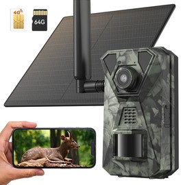DEATTI Solar Powered Wireless Trail Camera with 2K Video, 64GB SD CARD UNLIMITED Data Plan,BILUT-IN SIM Card, Motion Activated, NOT SUPPORT WIFI, Low-Glow Night Vision, Support Live, Images and Video, Cloud Storage,  Support Android and IOS app - Pack: 2