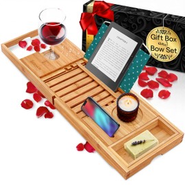 SereneLife Premium Bathtub Tray Caddy with Gift Box and Bow Set, Expandable Bath Tray, Unique House Warming Gifts for Mom, Women, Wedding, Anniversary, Bridal Shower, Fit for All Tub - Classic