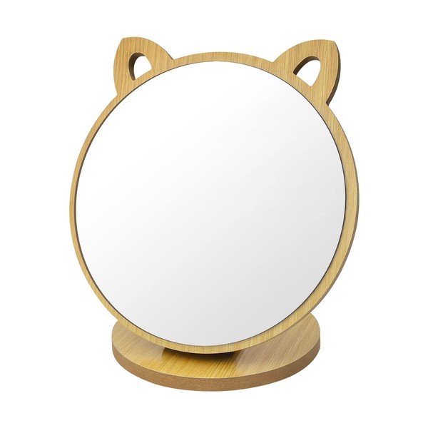 DEANKEJI Make Up Mirror, Small Mirror, Creative Cat Ear Shape, Adjustable Angle Folding Mirror, Wooden Frame with Wooden Base - Cute Style Cosmetic Mirror for Bedroom, Living Room