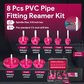 8Pcs PVC Pipe Fitting Reamer Kit - Complete Plastic Reamer Set Fits into Standard 1/2" Drills Contains PPR75, PPR100, PPR125, PPR150, PPR200, PPR250, PPR300, PPR400 for PVC, SCH40, ABS, CPVC
