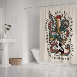 Kuizee Bathroom Shower Curtain 72 x 72 Inch with 12 Hooks Eagle Fighting Snake Skull Traditional Tattoo Style Bathtubs Waterproof Shower Curtains Set Fabric Decor Easy Install