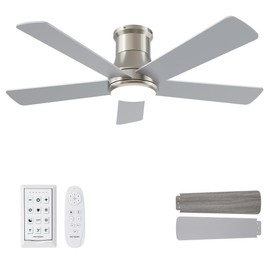 Autoday Ceiling Fans with Lights, 42 Inch Low Profile Ceiling Fan with Light and Remote Control, Flush Mount, Reversible, 3CCT, Dimmable, Quiet DC, Nickel Ceiling Fan for Bedroom, Indoor/Outdoor Use