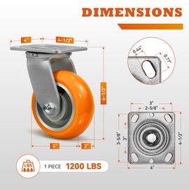 5 Inch Caster Wheels, Heavy Duty Casters- Crowned Polyurethane Tread Aluminum Core Capacity up to 1200 Lb Per. Rust and Wear Resistant, Use for Aerospace Industry, Medical Industry(2 Swivel)
