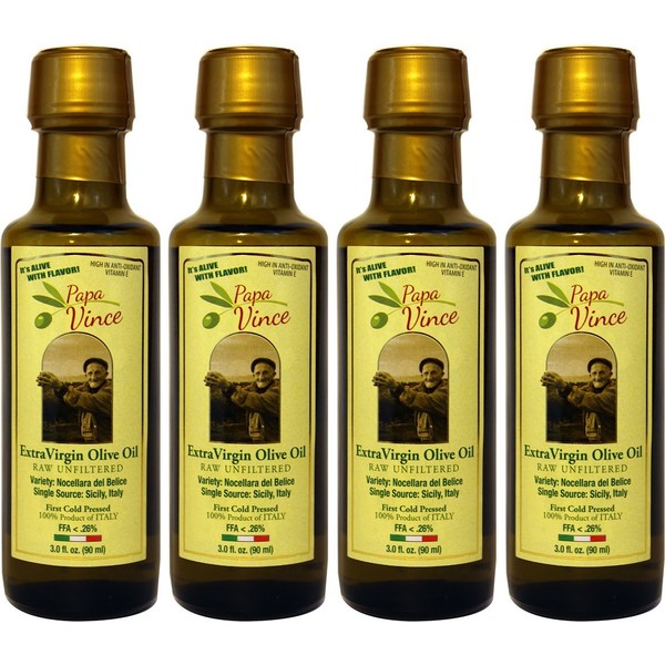 Papa Vince Olive Oil Extra Virgin, Family Made, 100% Unblended First Cold Pressed, Single Sourced from Sicily, Italy, Unfiltered Unrefined Robust Rich in Antioxidants | 3 Fl Oz 4Pack
