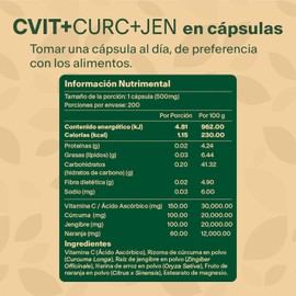 Vitamina C, Naranja, Curcuma y Jengibre. 200 capsulas de 500mg (Más de 6 meses). VitalBotanics. Multivitaminico, Suplementos Alimenticios. Vitaminas para Mujer y para Hombre