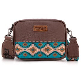 Wrangler Crossbody Bag for Women Aztec Mini Crossover Purse Small Western Handbag with Wide Guitar Strap WG205-118CF/TQ