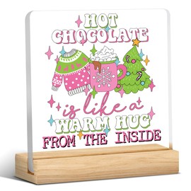 Pink Christmas Decor Sign Coffee Bar Decor Christmas Decorations for Kitchen Coffee Corner Coffee Station Christmas Tree Sweater Desk Decor Gifts for Women Men Hot Chocolate Acrylic Sign