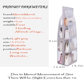 MURRI&MURRDI 1 Pack Hanging Handbag Organizer for Closet, Purse Storage Holder with 8 Easy Access Clear PVC Pockets, Purse Hanger for Wardrobe Space Saving Hanging Bags (Gray)