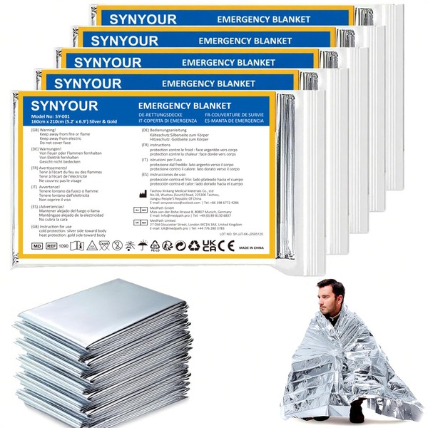 SYNYOUR Foil Blankets 5 PCS, Emergency Blanket Silver, Survival Blanket