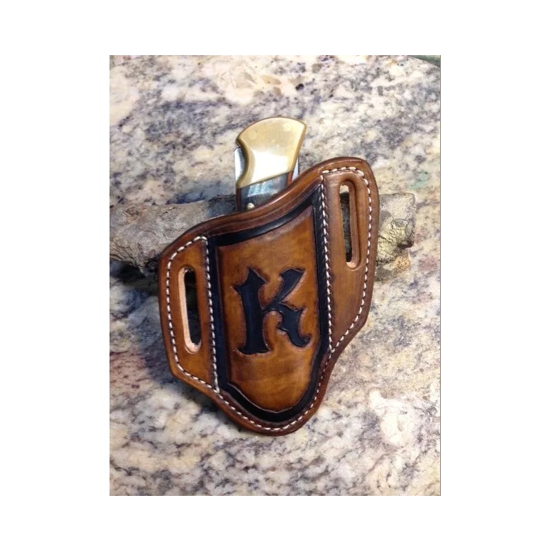 SULLIVAN CUSTOM LEATHER Tooled Monogrammed pancake style Knife sheath for