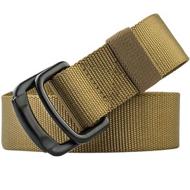 OVER GROUND Double D-Ring Elastic Stretch Nylon Tactical Camouflage Webbing Belt with Key Ring Strap, Durable Military Golf Web Belt for Work Travel Hiking Outdoor (Khaki)