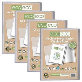 eco-eco A4 Size 50 Percent Recycled 10 Pocket Clear Presentation Display Book, Storage Case Portfolio Art Folder with Plastic Sleeves, Pack of 4, eco125x4