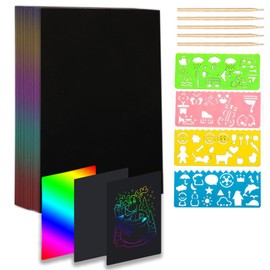 59-Piece Rainbow Scratch Art Kit for Kids - 50 Sheets Scratch Paper, 5 Wooden Stylus Pens, 4 Drawing Templates - Perfect for DIY Crafts, Birthday Parties & Classroom Activities ﻿