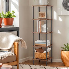 HOOBRO 5-Tier Corner Shelf Stand, Corner Square Rack Display Shelf, Tall Storage Plant Stand, Bookcase for Small Spaces, Living Room, Home Office, Kitchen, Rustic Brown and Black BF50CJ01