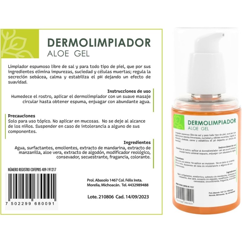 Dermolimpiador en Gel con Aloe Vera, Manzanilla y Mandarina, Fórmula