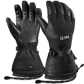 MCTi Leather Ski Gloves Men's Waterproof Touch Screen Long Gauntlet for Snowboarding Mountaineering