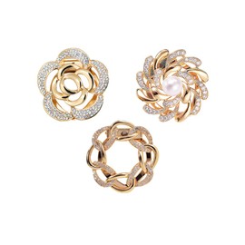 3PCS Scarf Clip Brooches All In One Elegant Pearl Floral Rhinestones Golden Clothes Corner Knotted Button Brooch Scarves Buckle Ring T-Shirt Tie Clips Multi-Purposes For Women Lady Girls Decoration