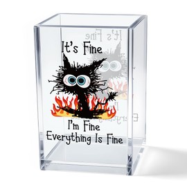 Vgrti It's Fine I'm Fine Acrylic Cosmetic Pencil Pen Holder Cup, Funny Black Cat Pen Holder Cup, Cat Lover Gift for Women Men, Office Sarcastic Gifts for Women Men Colleague Boss