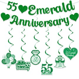 Gidobo 55th Wedding Anniversary Decorations Set, 55 Emerald Anniversary Banner, 6 Pieces Hanging Swirls, Glittery Party Hanging Bunting for Couple Parent Celebration