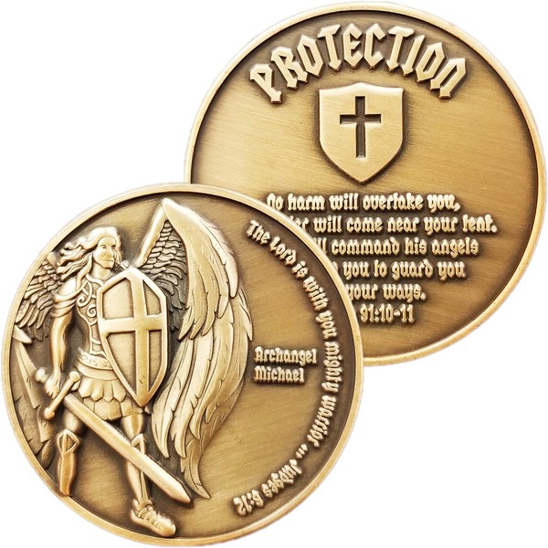 Archangel Saint Michael, Antique Gold Plated Challenge Protection Coin, The Lord is with You Mighty Warrior, Judges 6:12 and No Harm Will Overtake You, Psalm 91 Gift