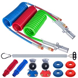 CheeMuii 15 Ft Coiled Air Brake Hoses & ABS Electrical Power Wire Assembly with Tender Spring Kit and Gladhands & Handles 3 in 1 Semi Truck Air Lines Kit Include 7 Way Trailer Cord and Air Hoses