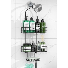 DAOYA Bathroom Shower Caddy Hanging - 3-Tier Organizer with Soap Holder & 6 Hooks for Towels, Sponge; Fits 21mm Shower Head Arm, Black