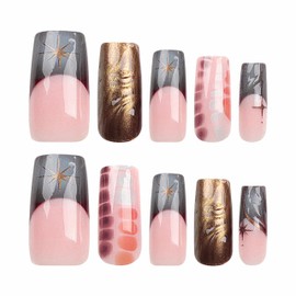 BABALAL Square Press on Nails Long Fake Nails French Tip Glue on Nails Brown Chrome Acrylic Nails 3d Water Wave Design Squoval Stick on False Nails 24Pcs Y2k Manicure Nails for Women and Girls