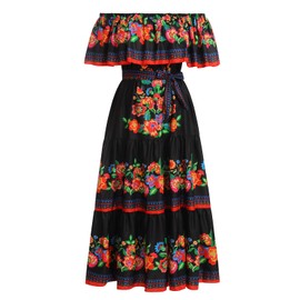 Women Mexican Dress Off Shoulder Floral Long Maxi Dress Cinco de Mayo Dress Floral Embroidered Black Mexican Style Dress Traditional Fiesta Dress Summer Beach Holiday Party Dress with Belt Black 2XL