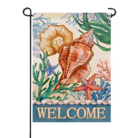 Artofy Welcome Spring Summer Conch Small Decorative Garden Flag, Beach Coastal Coral Starfish Sea Grass Yard Lawn Outside Decor, Nautical Burlap Outdoor Home Decoration Double Sided 12 x 18