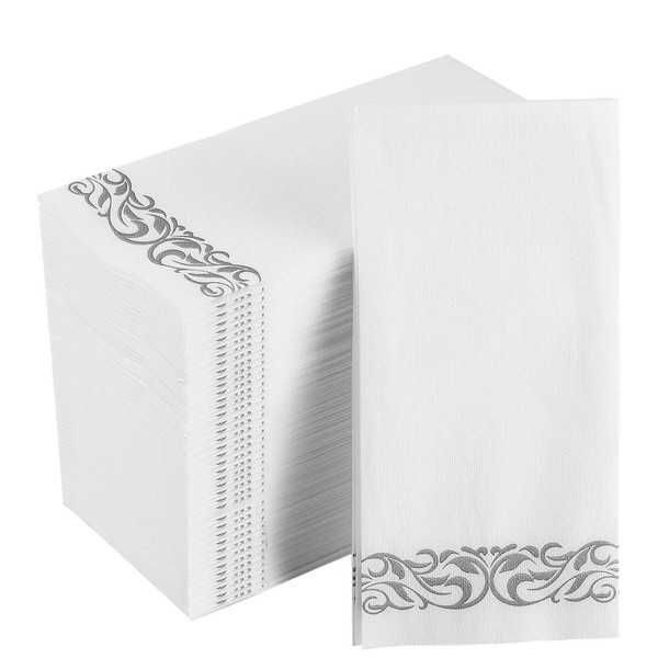 [200 Pack] Disposable Guest Towels Soft and Absorbent Linen-Feel Paper Hand Towels Durable Decorative Bathroom Hand Napkins for Kitchen,Parties,Weddings,Dinners or Events,White and Silver