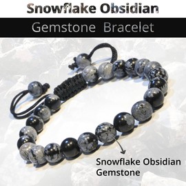 Snowflake Obsidian Crystal Bracelet – Gemstone Bead Bracelet with Adjustable Macrame String – Chic Gemstone Bracelet for Men and Women – 8mm Round Healing Crystal Bead Bracelets