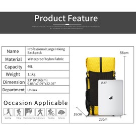 Hiking Backpack,30L +10L Extra Large Capacity Hiking Bag, Internal Frame Camping Backpack,Upgraded X-PAC Lightweight Sport Daypack Travel Backpacks Fit For Mountain Climbing Camping (Yellow)