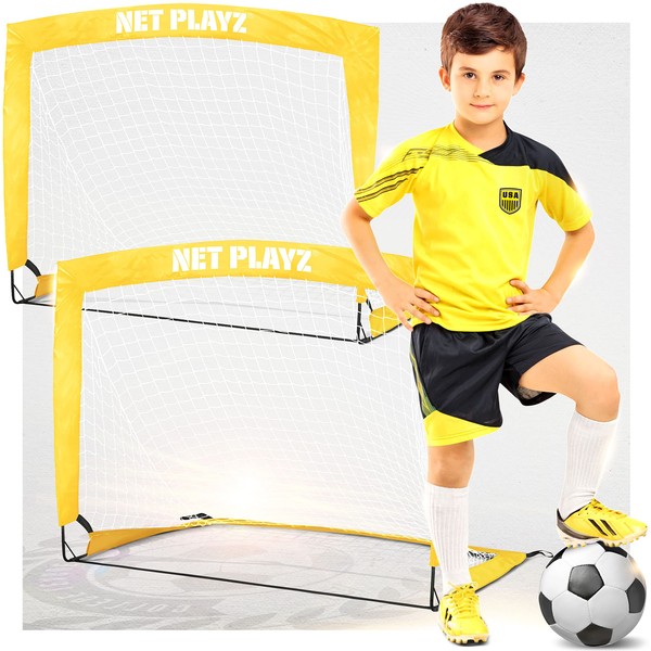 NET PLAYZ Soccer Goals Soccer Net - Kids Portable Pop-up Football Goals for Youth & Teens, Top Grade All Weather, Set of 2, Yellow, 4 x 3 Ft (NOS13540A01)