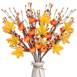 Mutcolor 6 Pcs Fall Floral Picks Artificial Fall Flowers Berry Long Stems with Pumpkins and Maple Leaves for Fall Floral Arrangement Indoor Vase Home Table Centerpiece DIY Decorations (Orange)