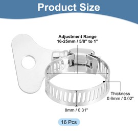 uxcell 16Pcs Stainless Steel Hose Clamps Worm Gear Hose Clamp, 16-25mm(5/8" to 1") Adjustable Thumb Screw Key Type Clamps Fuel Line Clamps 8mm Bandwidth for Plumbing, Automotive