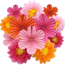 19er Set Papier Blumenfächer & Papierblumen Pompons Rosa Orange Hängende Girlande Dekoration für Hochzeit Geburtstagsfeier Gartenparty Tischdeko