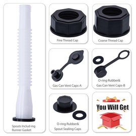 MEAJOO Black Gas Can Spout Replacement, 1/2/5/10 Gallon Gas Can Nozzle Kit, include 2 Different Size Screw Collar Caps, Gas Can Vent Caps, Base Caps, Thick Rubber pad and Spout Cover