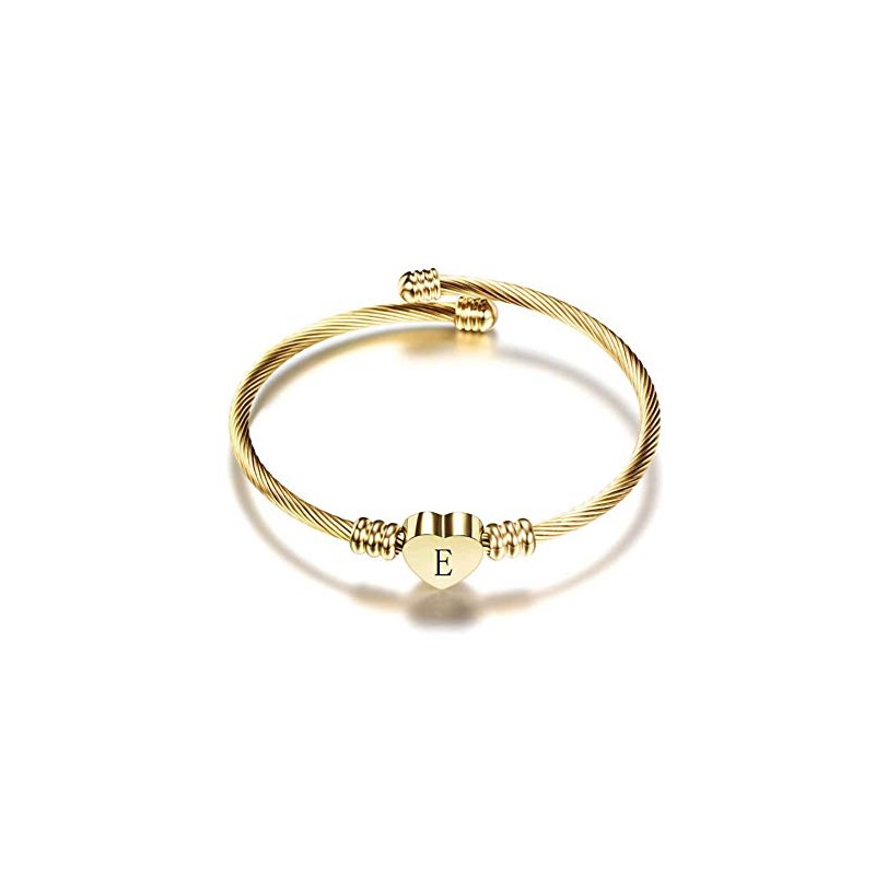 SBI Jewelry Initial Letter Cuff Bracelet Gold Heart E Bangle