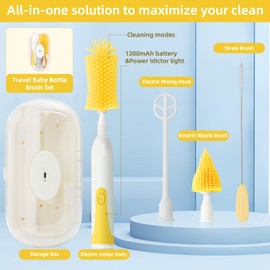 Electric Bottle Brush,Electric Baby Bottle Brush Set with Silicone Bottle/Pacifier/Straw Brush and Mixing Head, Cleaner Brush with Drying Rack, 2 Modes & 360° Rotation (Yellow)