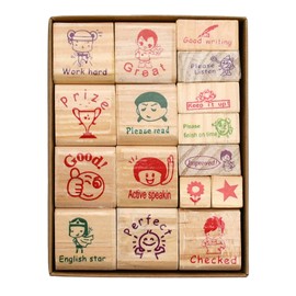 Husalsea Teacher Stamp Set, 16 Pieces Wooden Stamp Set with Motif for Kids - Ideal for Primary School and Teacher Supplies, Cute Cartoon Designs, Teacher Accessories