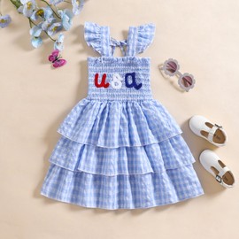 Noubeau Toddler Baby Girl 4th of July Dress USA Smocked Outfit Sleeveless Strap Ruffle Dresses Little Girls Summer Clothes(Blue,3 Years)