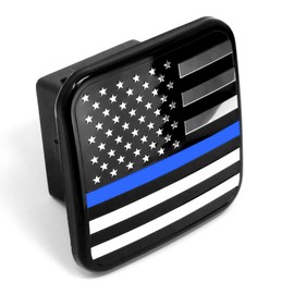 MULL USA Flag Metal Hitch Cover Plug (Fits 2" Receiver, Black & Chrome with Thin Blue Line)