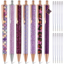 Sherr 7 Pcs Fancy Pens for Women Cute Sparkly Glitter Pens with 10 Pcs Black Ink Refills Pretty Gifts for Girls Office School Christmas Graduation(Purple,Stylish)