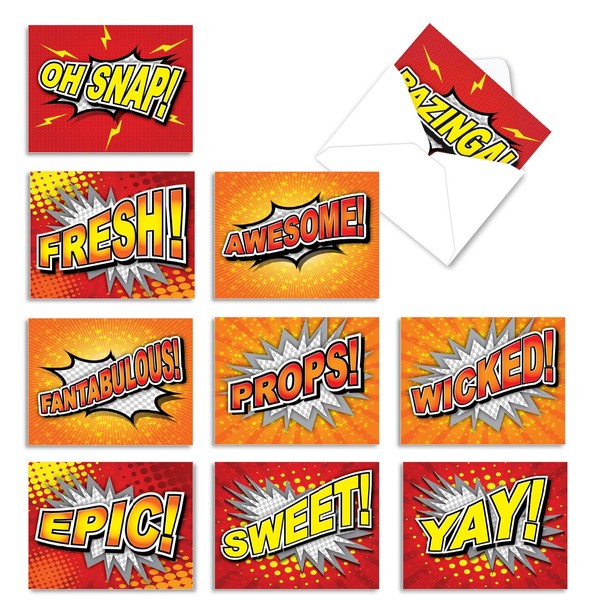 The Best Card Company - 10 Boxed Cards for Kids (4 x 5.12 Inch) - Cute Blank Cards for All Occasions - Word Bursts M2033