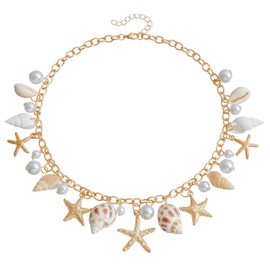 VGRDTW Bohemian style starfish shell pearl necklace for women, Bohemian beach holiday charm jewelry gift, suitable for daily wear and special occasions (gold)