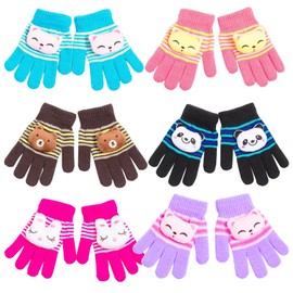 6 Pairs Children's Knitted Warm Cartoon Knitted Gloves Children's Winter Gloves with Cord for Boys Girls, Black, blue, pink, brown