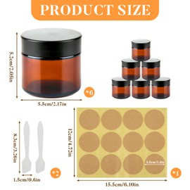 RVLZKCPG Pack of 6 Amber Glass Empty Jars, 60 ml Cream Jars for Filling, Ointment Jars with Black Lids, Glass Jar, Refillable Travel Pots for Cosmetics, Creams, Lotions, Essential, Oils