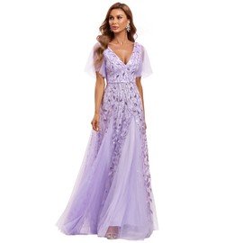 Ever-Pretty Women's V Neck Short Sleeve A Line Elegant Shimmery Sequin Fashion Prom Dresses Lavender 16UK