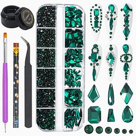 Nail Art Rhinestones Kit Round Flat Back Rhinestones Multi Shape Nail Gems Nail Crystals Diamonds Jewelry Rhinestones for Nail Design DIY Crafts Decorationï¼Greenï¼
