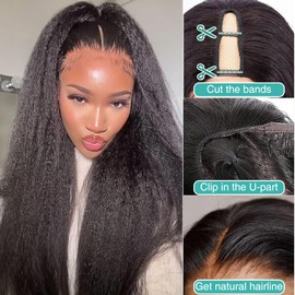 Ainmeys Kinky Straight U Part Wigs 200% Brazilian Yaki Straight Upgrade U Shape Human hair Wigs With Drawstring for Women No leave out wear and go Glueless Clip In Half Wigs (30IN)